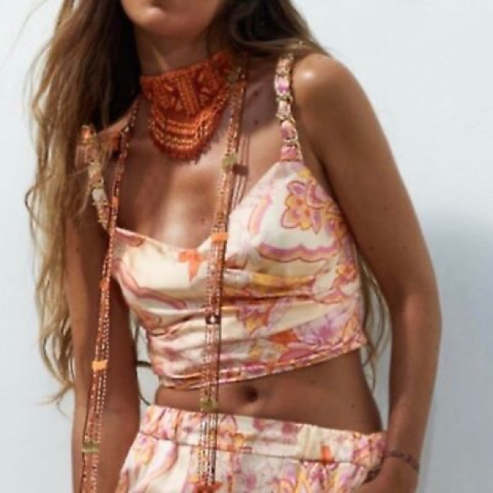 Zara Womn XS Paisley Satin Chain Straps V-Neck Faux Wrap The Sasha Crop Top NWOT